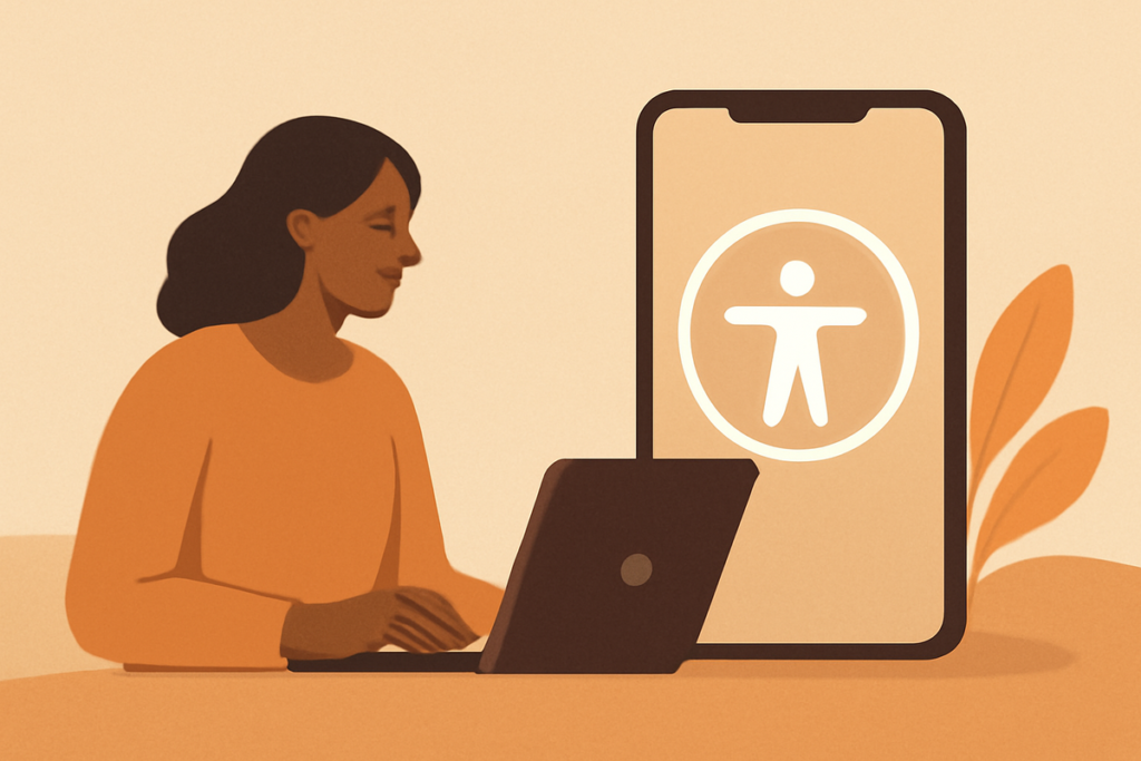 Editorial illustration showing diverse people accessing digital services on different devices in an inclusive setting