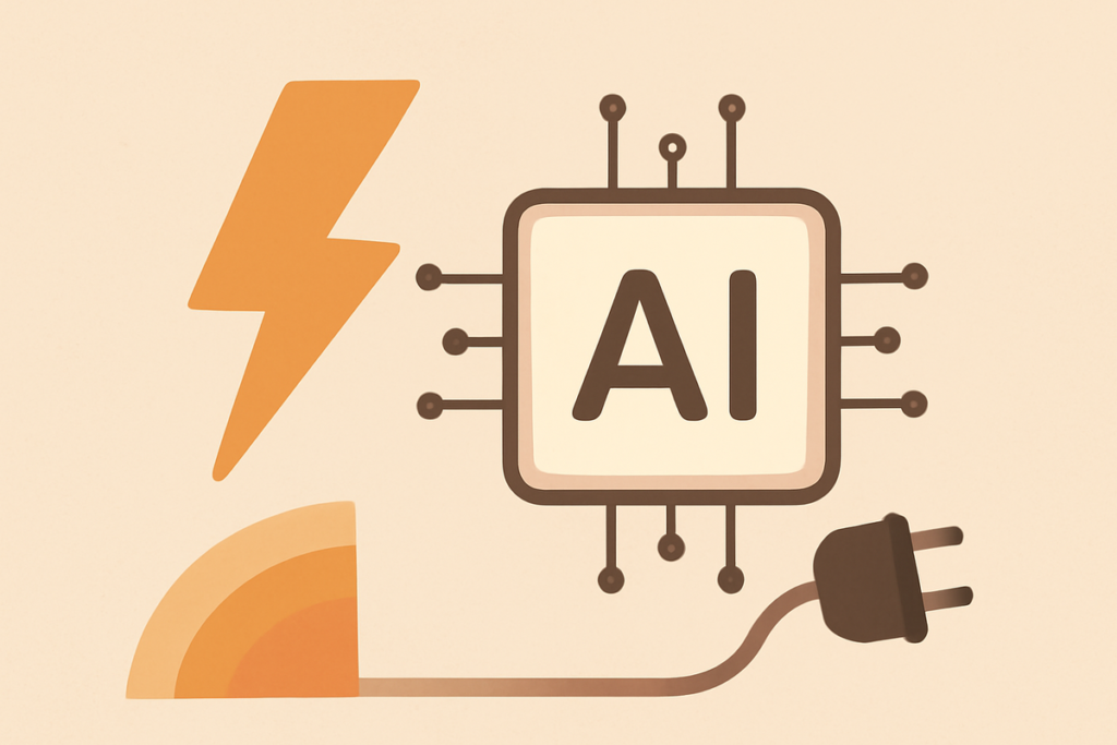 Editorial illustration showing the energy demands of AI computing with server racks and power infrastructure
