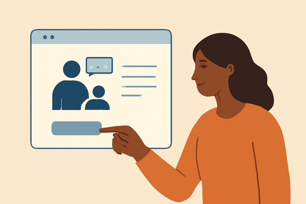 Calm, editorial illustration of a warm, accessible therapy website displayed on a laptop and mobile phone, with soft sage and dusty blue tones suggesting inclusion and trust